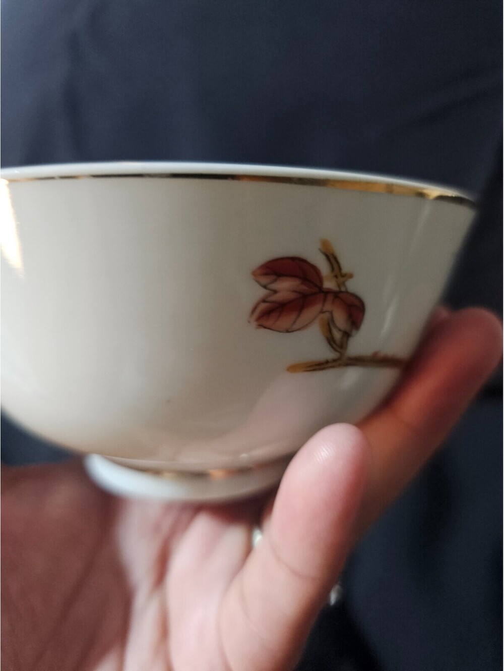 Vintage Porcelain Rice Soup Bowl White With Gold Trim 2.5" China Leaves Nature - Picture 7 of 10